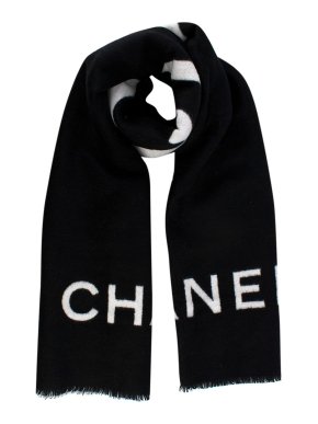 Chanel Black and White Logo Cashmere Scarf