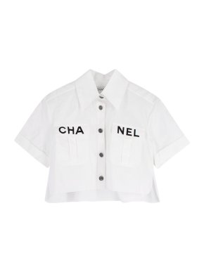 Chanel SS19 White Cropped Shirt with Split Logo Detail