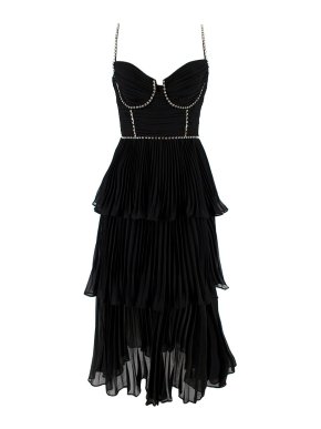 Self Portrait Black Chiffon Tiered Crystal Embellished Midi Dress