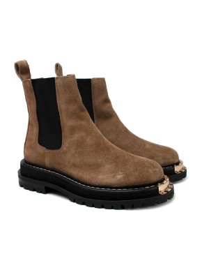 Sandro Tan Suede Ankle Boots with Gold Toe Detail