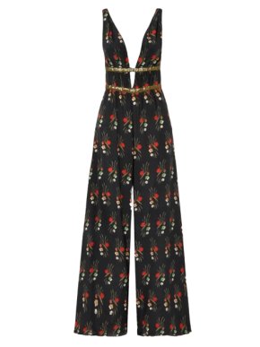 Rixo Black Silk Floral Hollywood Jumpsuit