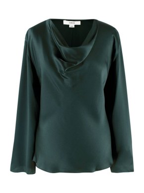 Vince Dark Green Silk Cowl Neck Blouse