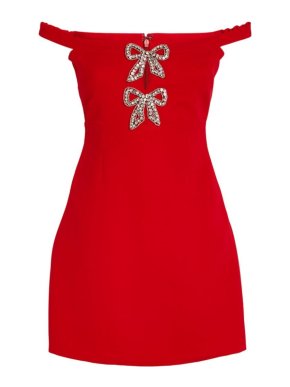 Self Portrait Red Crepe Bow Bardot Mini Dress