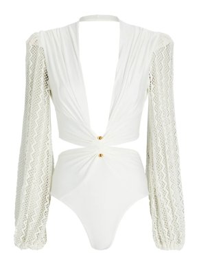 PatBO White Plunge Netted Sleeve Swimsuit 