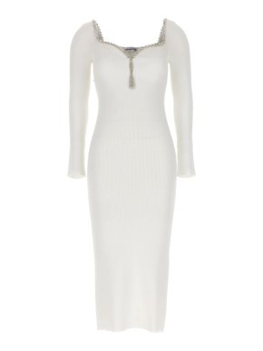 Self Portrait White Ribbed Diamanté-Trim Midi Dress