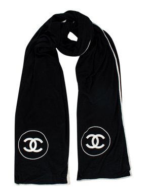Chanel Black and White Cashmere Blend Logo Detail Scarf