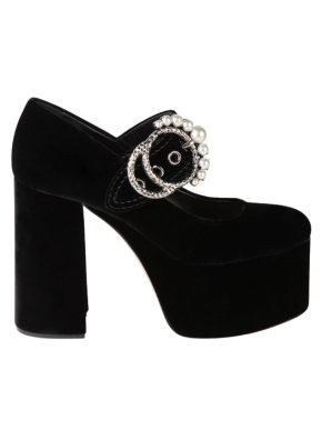 Miu Miu Black Velvet Embellished Platform Mary Jane Heels