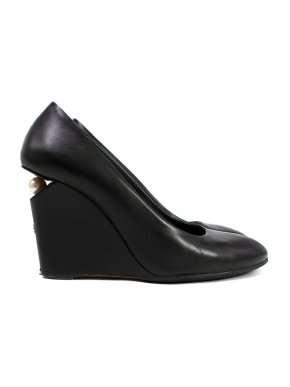 Chanel Black Leather Wedges with Pearl Detail