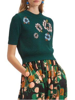 La Double J Dark Green Knit Floral Embroidery Short Sleeve Sweater