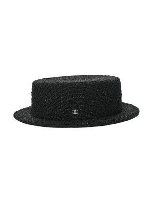 Chanel Black Metallic Tweed Boater Hat