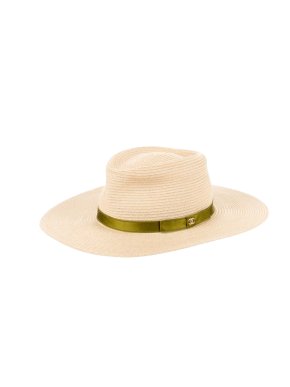 Chanel Raffia Boater Hat with Green Silk Trim