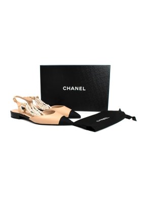 Chanel Beige and Black Pearl Strap Slingbacks