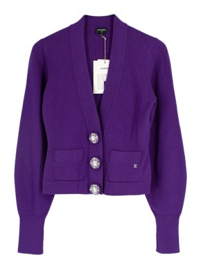 Chanel Purple Crystal Embellished Button Cashmere Cardigan