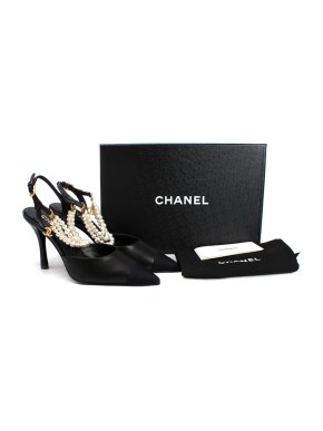 Chanel Black Faux Pearl Draped Cap-toe Sandals