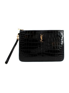 Saint Laurent Black Croc Embossed Leather Cassandra Pouch