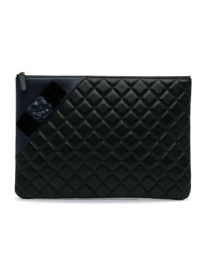 Chanel Black and Navy Large Quilted Camellia Clutch