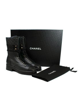 Chanel Dark Green Leather Lace Up Boots