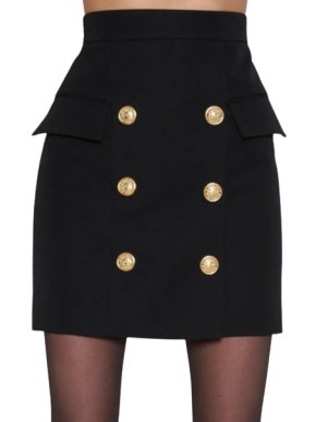 Balmain Metallic Black Mini Skirt with Gold Button Detail