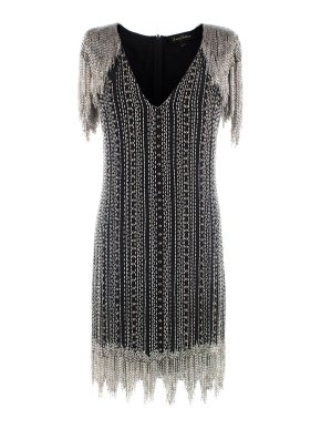 Jenny Packham Beaded Silver Fringe Black Mini Dress