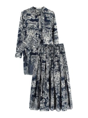 Dior Navy Toile de Jouy Chez Moi Blouse & Pleated Midi Skirt