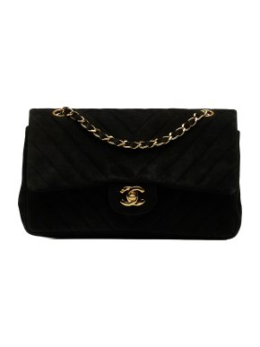 Chanel Black Suede Chevron Medium Double Flap Bag