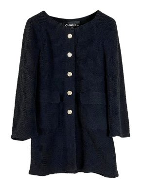 Chanel Black Tweed Longline Jacket with Antique Button Detail