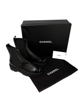 Chanel Black Crumpled Calfskin and Patent Toe Cap Chelsea Boots
