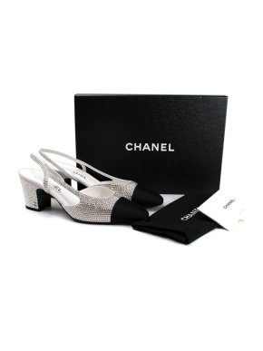 Chanel Silver Crystal Embellished Slingback Pumps