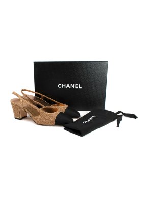 Chanel Gold Tweed Heeled Slingbacks