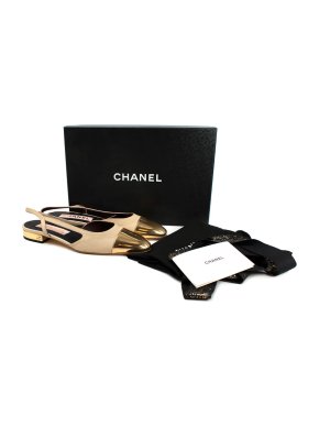 Chanel Gold Grosgrain and Leather Flat Slingbacks