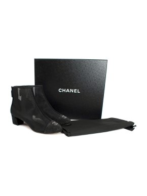 Chanel Black Mesh Crystal Toe Cap Heeled Ankle Boots
