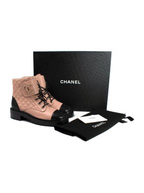 Chanel Blush Quilted Leather CC Lace Up Boots