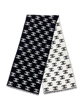 Chanel Ivory & Black CC Cashmere & Wool Scarf