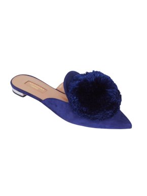 Aquazzura Aquazurra Blue Pom Pom Suede Mules