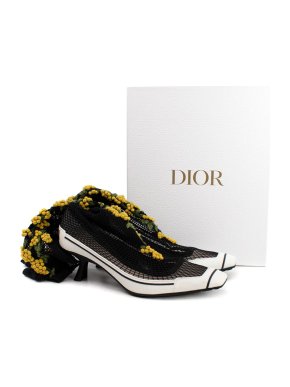 Dior Black Mesh Sock Heels with Yellow Floral Embroidery Detail