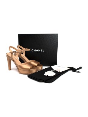Chanel Gold Satin Crystal Embellished Platform Heels