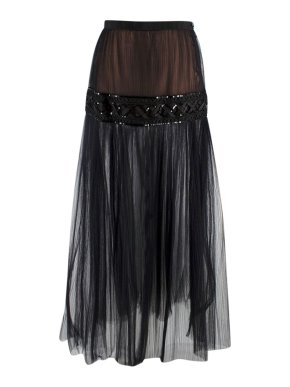 Chanel Black Pleated Tulle Maxi Skirt with Sequin Embellishment