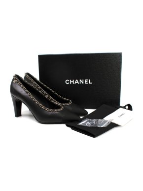Chanel Black Chain Trimmed Leather Pumps