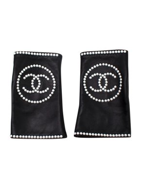 Chanel Black Faux Pearl Leather Fingerless Gloves