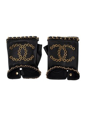 Chanel Black Chain and  Eyelet Detail Leather Fingerless Gloves