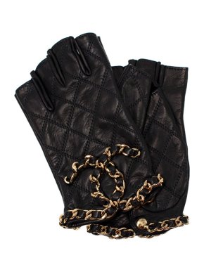 Chanel Black Chain Trim Leather Fingerless Gloves