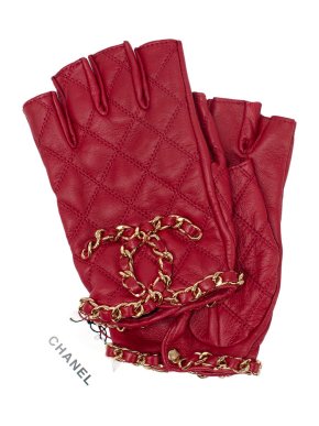 Chanel Red Chain Trim Leather Fingerless Gloves