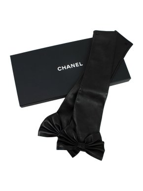 Chanel Black Bow Detail Leather Fingerless Long Gloves