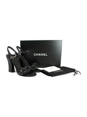 Chanel Black Quilted Leather Camelia Heeled Sandals