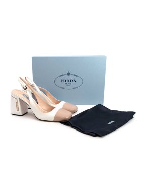Prada Two Tone Patent Leather Block Heel Slingback Pumps