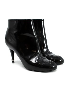 Chanel Black Patent Leather CC Cap Toe  Ankle Boots