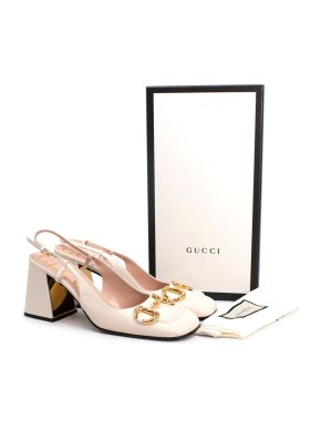 Gucci Cream Horsebit Slingback Square Toe Heels