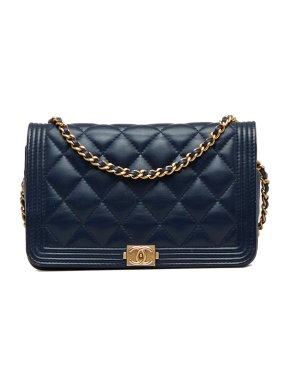 Chanel Navy Boy Wallet On Chain with Gold Hardware