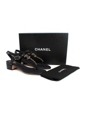 Chanel Black Lambskin Heeled Sandals with Chain Detailing