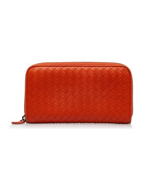 Bottega Veneta Orange Intrecciato Zip Around Long Wallet